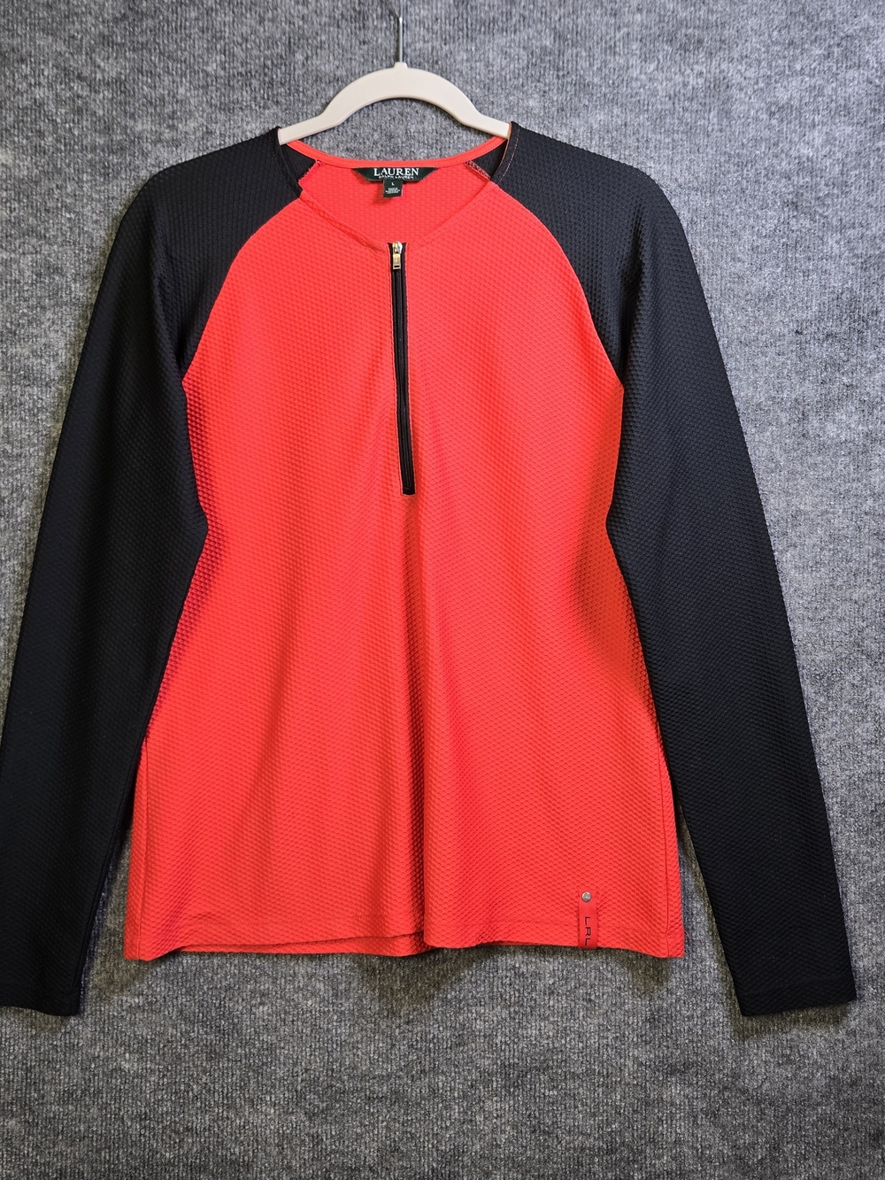 Lauren Ralph Lauren T Shirt Womens L Tomato Red Orange Black Waffle 1/2 Zip